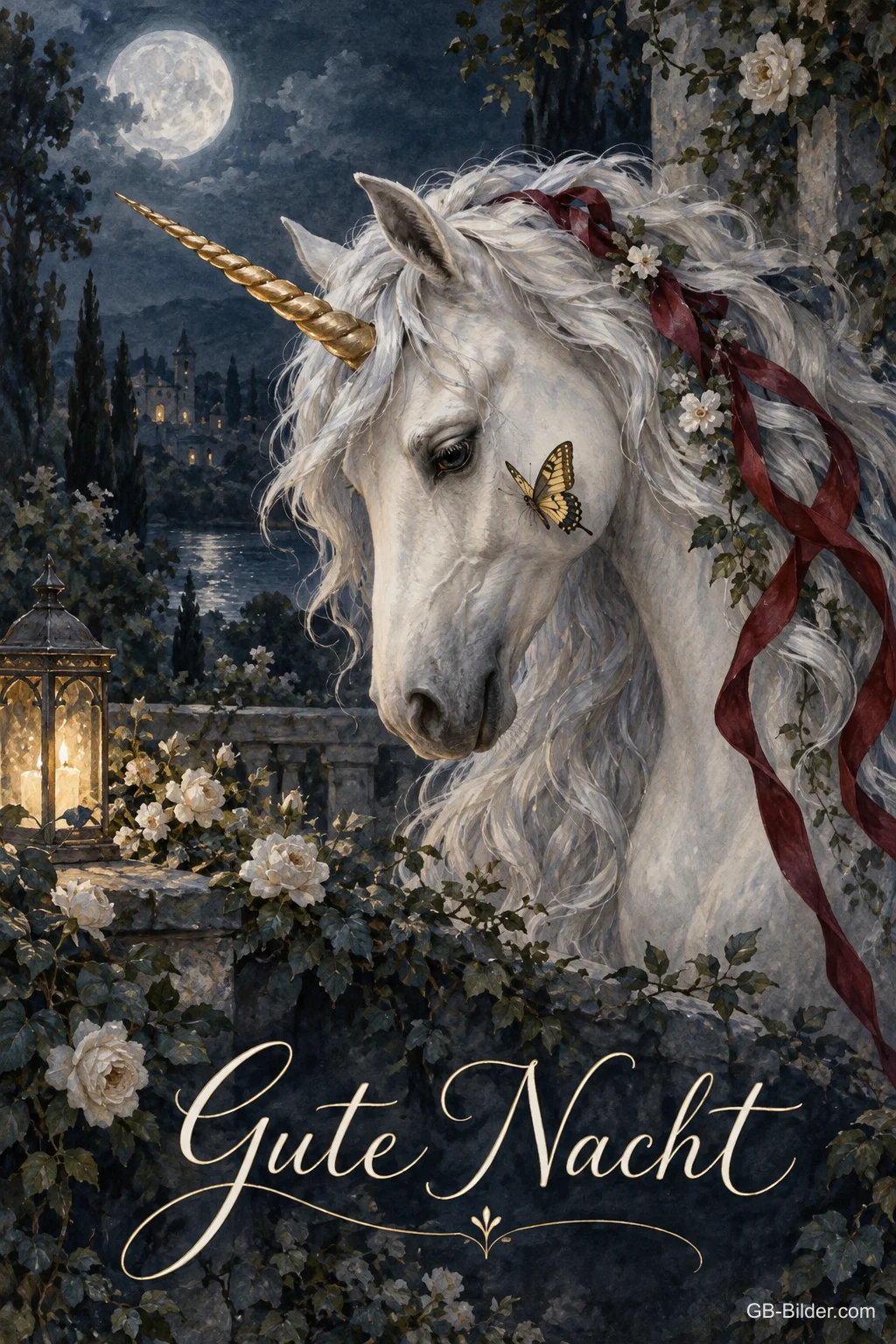 Weißes Einhorn im Mondschein, Text: Gute Nacht