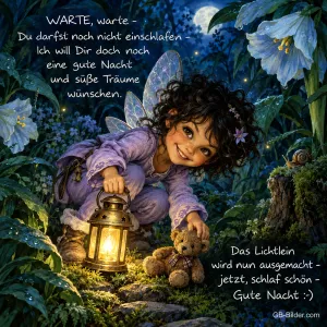 Lächelnde Elfe im Schlafanzug löscht eine Laterne neben einem Teddy im nächtlichen Garten, Text: WARTE, warte – Du darfst noch nicht einschlafen – Ich will Dir doch noch eine gute Nacht und süße Träume wünschen. Das Lichtlein wird nun ausgemacht – jetzt, schlaf schön – Gute Nacht :-)
