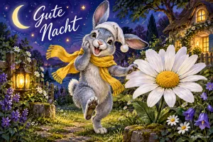 Grauer Hase mit Schlafmütze und Schal tanzt nachts neben einem großen Gänseblümchen, Text: Gute Nacht