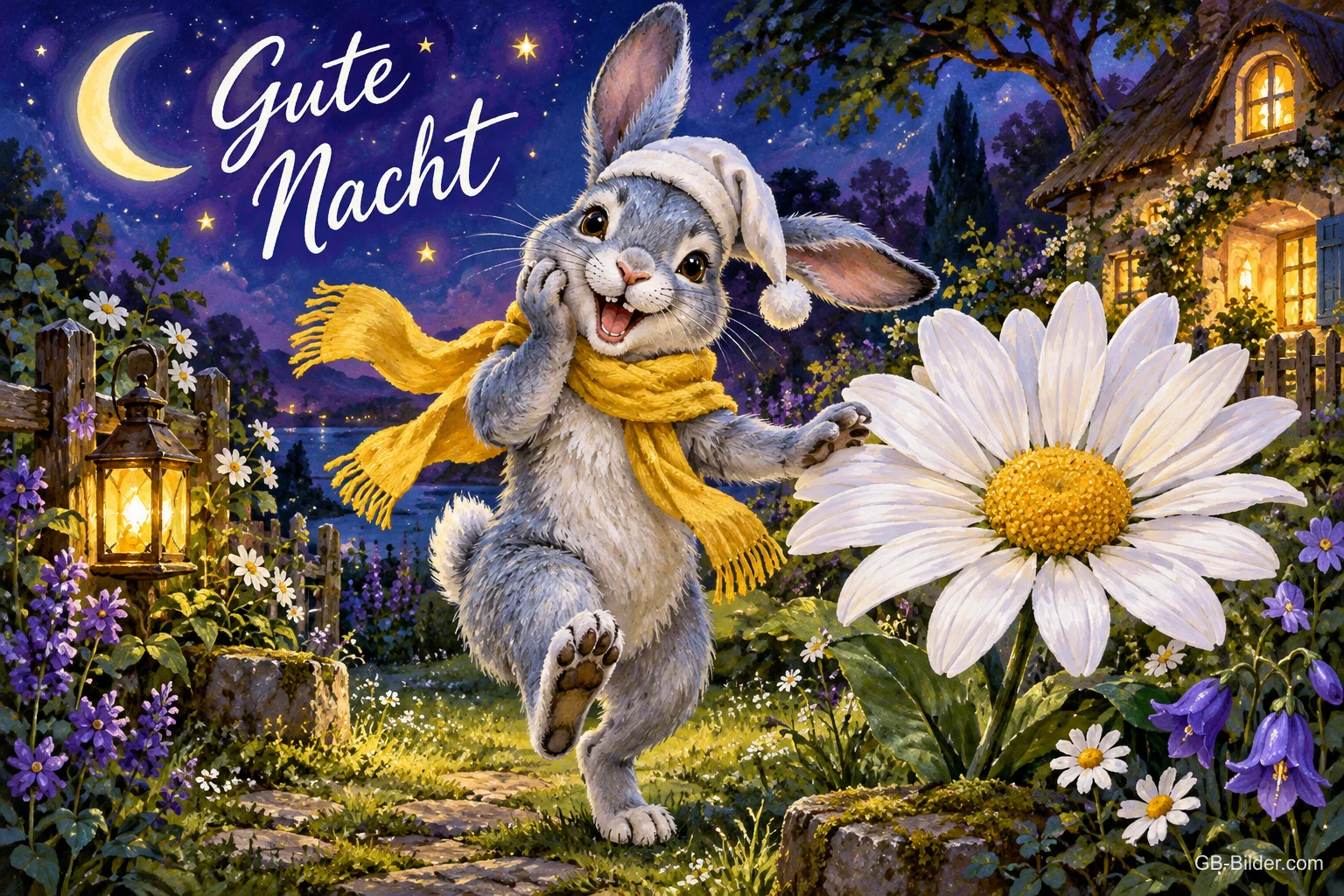 Grauer Hase mit Schlafmütze und Schal tanzt nachts neben einem großen Gänseblümchen, Text: Gute Nacht