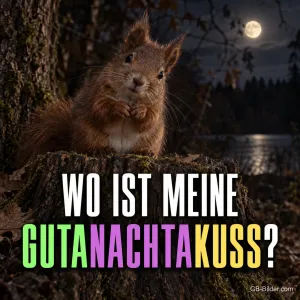 Eichhörnchen bei Nacht am See, Text: Wo ist meine Gutanachtakuss?