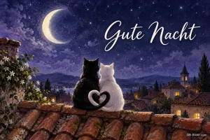 Zwei Katzen mit Herzschwänzen auf einem Dach, Text: Gute Nacht
