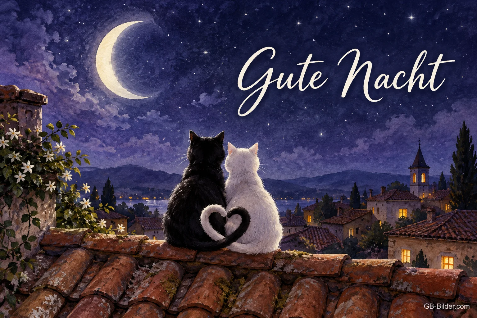 Zwei Katzen mit Herzschwänzen auf einem Dach, Text: Gute Nacht