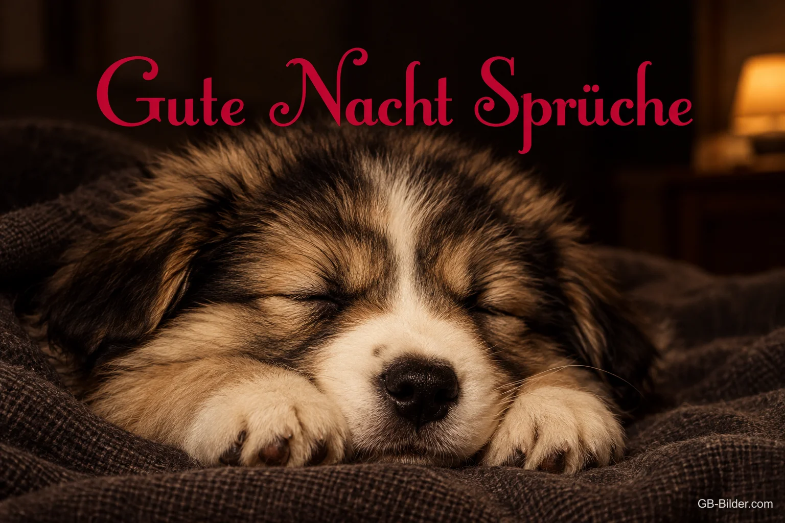 Schlafender Welpe auf einer Decke, Text: Gute Nacht Sprüche