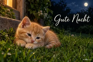 Rotes Kätzchen im Gras bei Nacht, Text: Gute Nacht