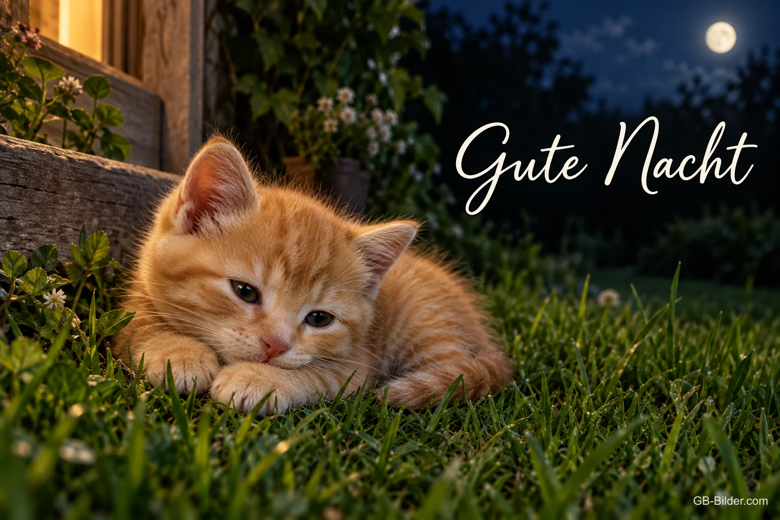 Rotes Kätzchen im Gras bei Nacht, Text: Gute Nacht