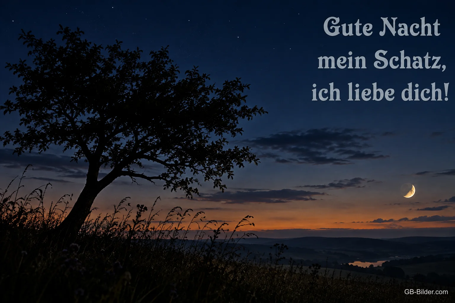 Baum vor Abendhimmel mit Mondsichel, Text: Gute Nacht mein Schatz, ich liebe dich!
