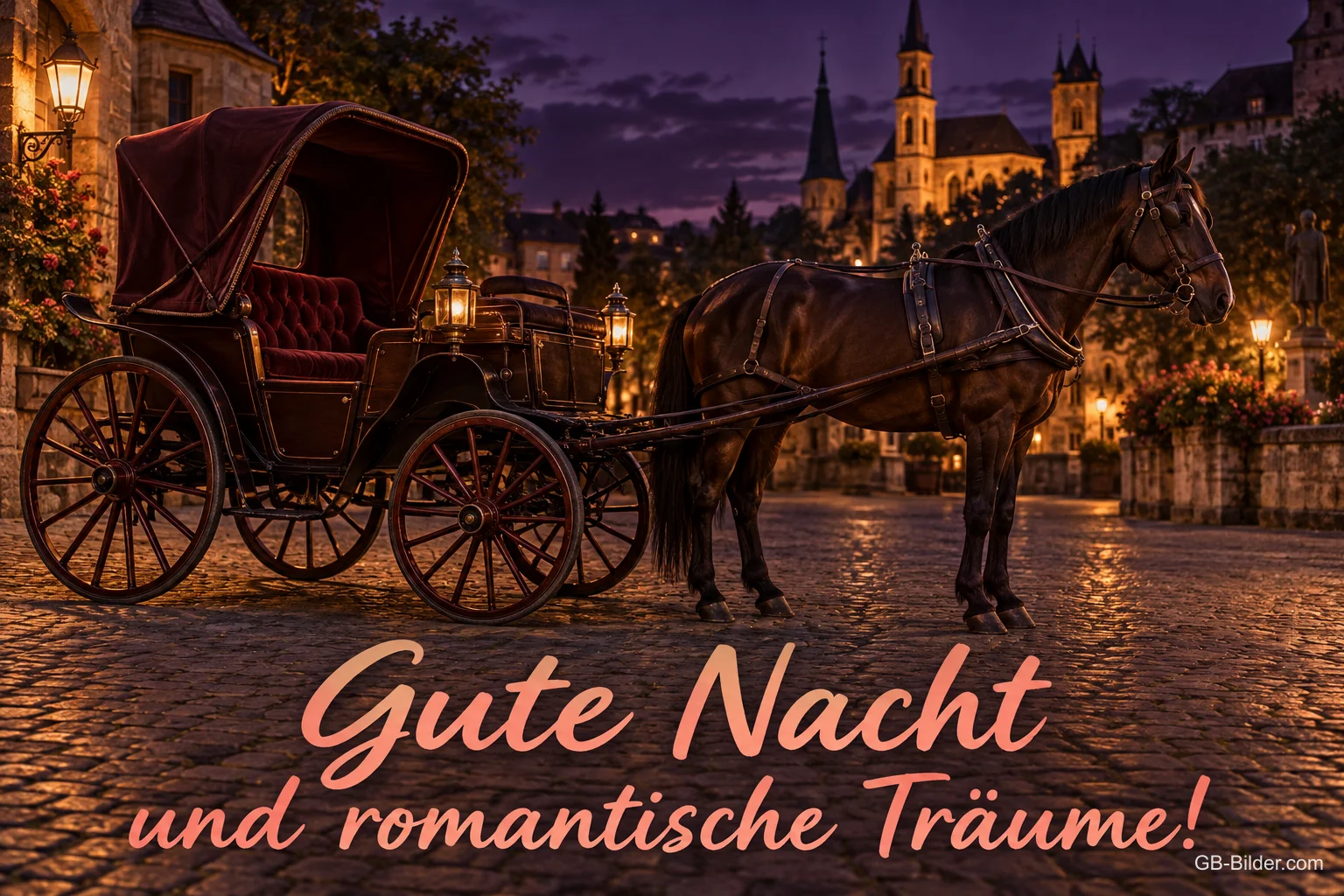 Pferdekutsche auf einem Altstadtplatz bei Nacht, Text: Gute Nacht und romantische Träume!