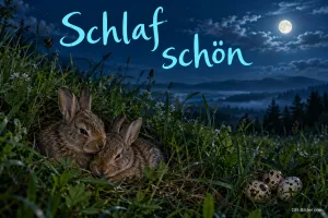 Zwei schlafende Hasen im Gras bei Nacht, Text: Schlaf schön