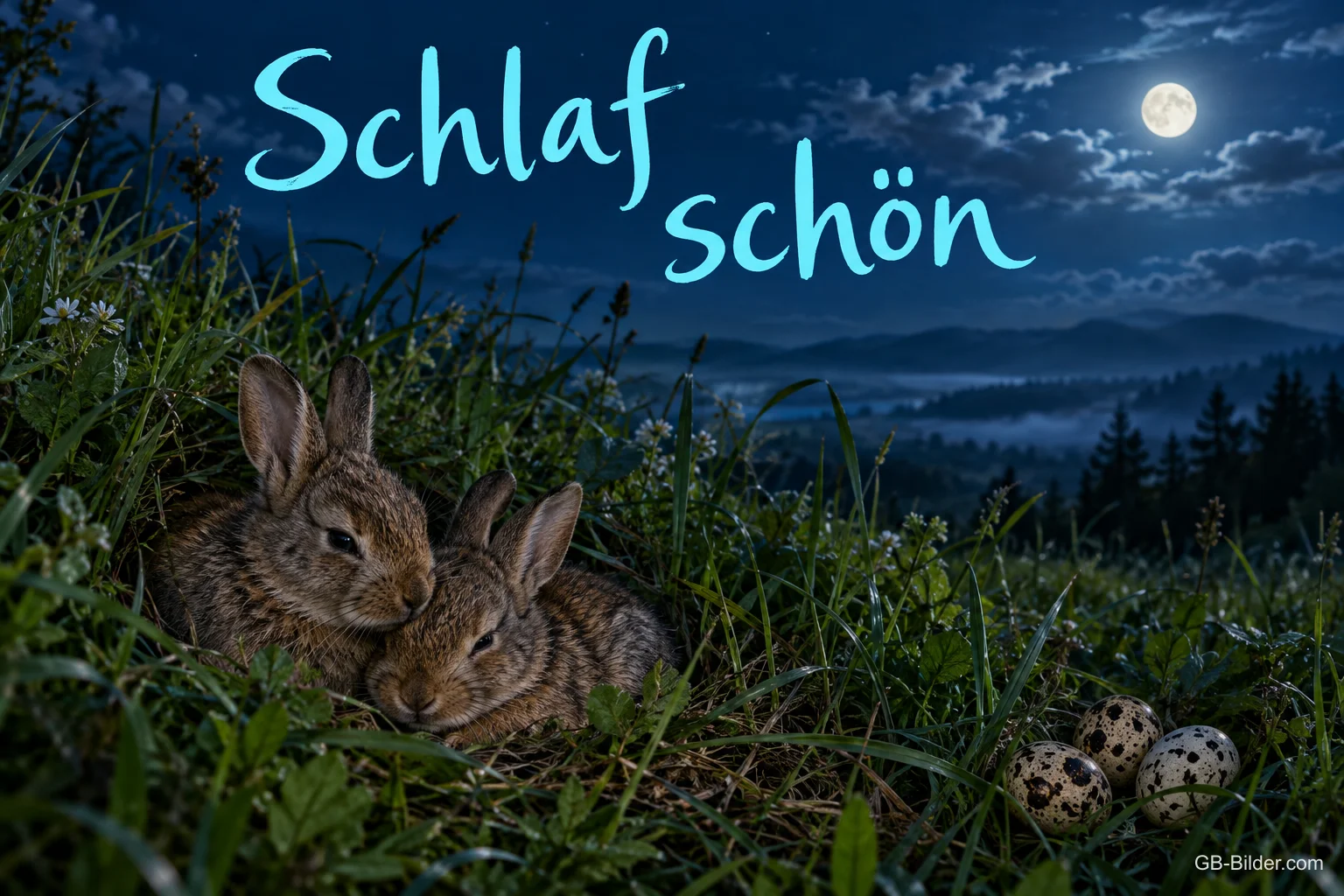 Zwei schlafende Hasen im Gras bei Nacht, Text: Schlaf schön