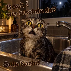Nasse, erschrockene Katze im Waschbecken, Text: Boah! wer bischdn du? Gute Nacht!