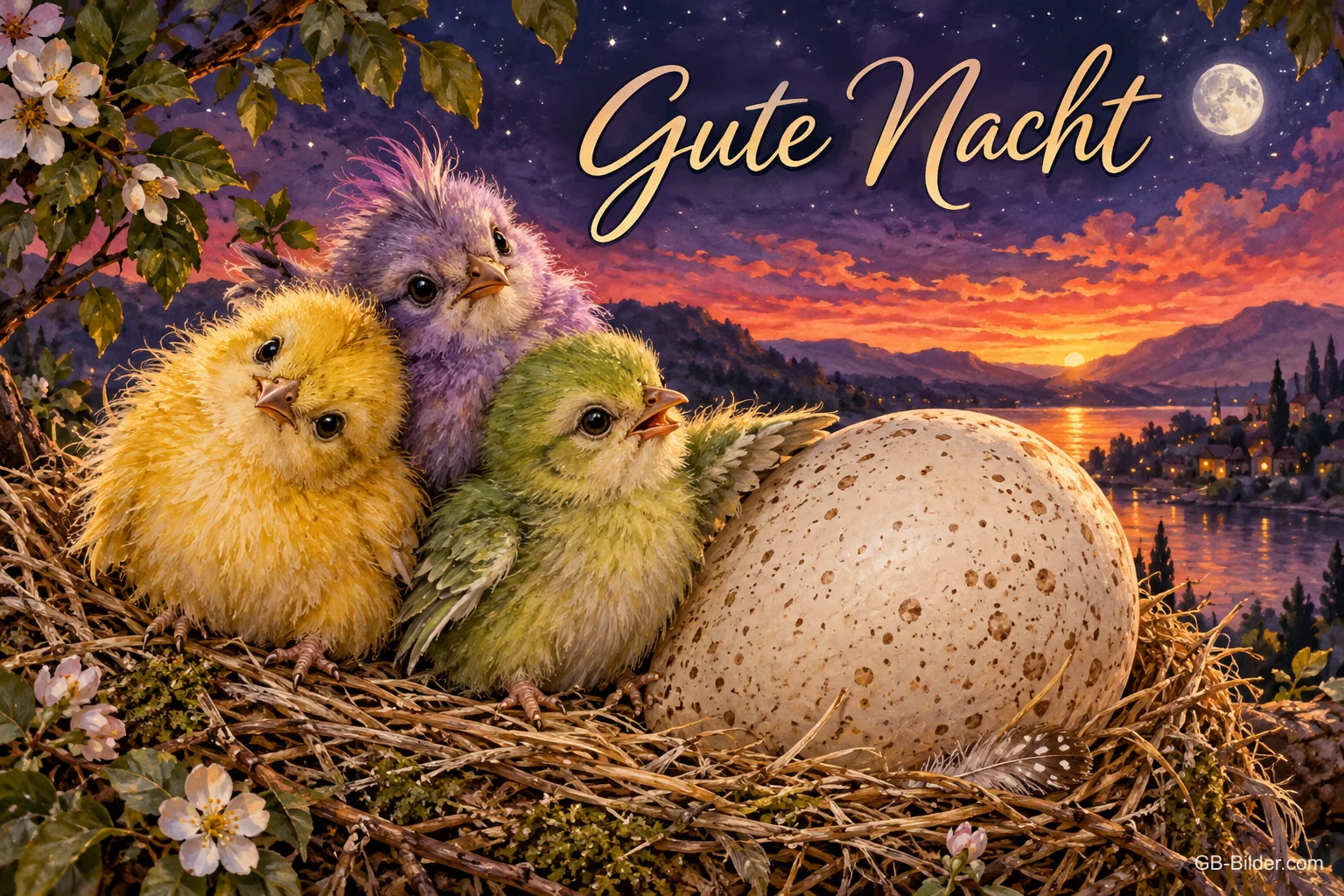 Drei flauschige Küken kuscheln neben einem Ei im Nest bei Abendrot, Text: Gute Nacht