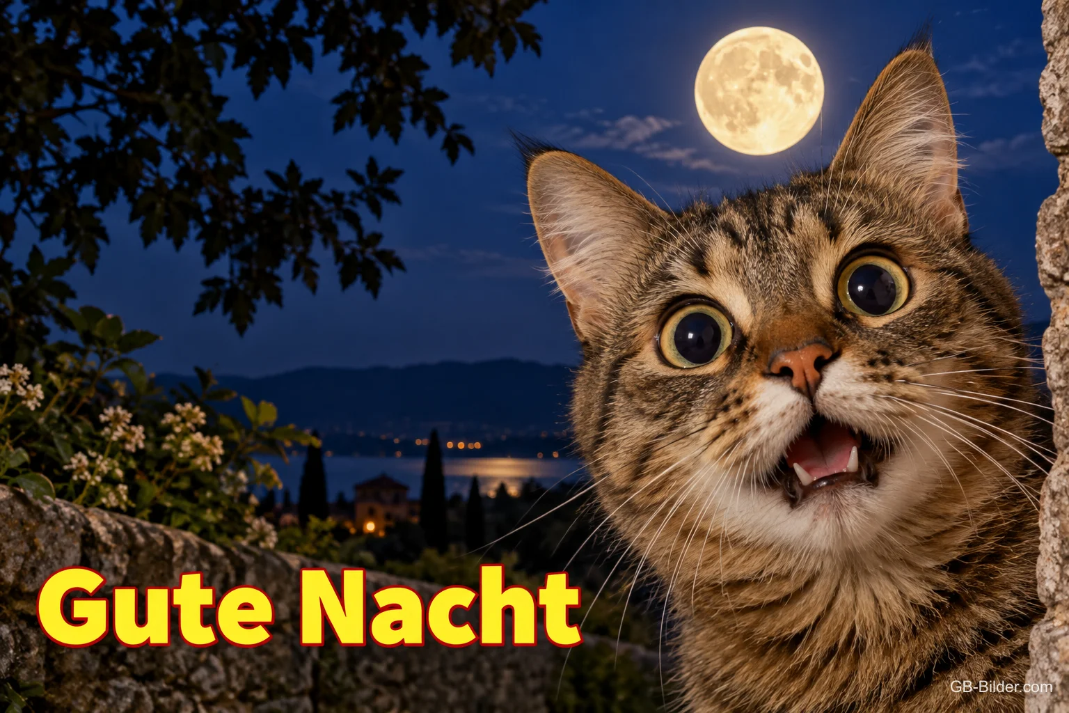 Getigerte Katze mit großen Augen vor Vollmond, Text: Gute Nacht