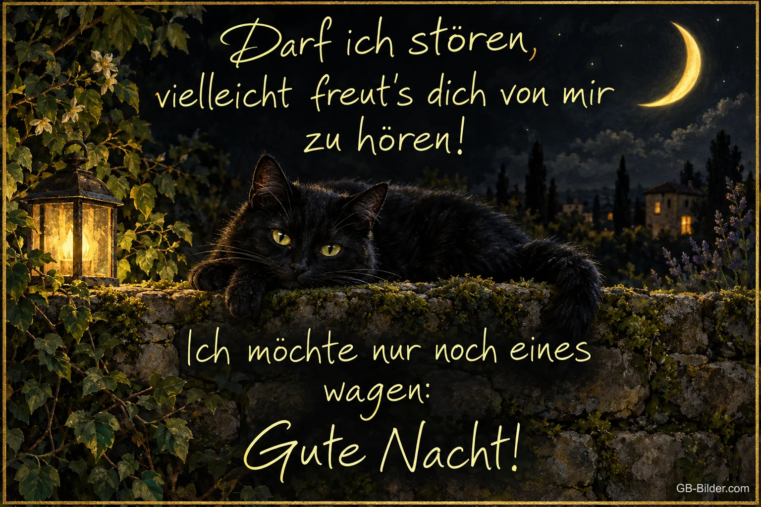 Schwarze Katze auf einer Mauer bei Nacht, Text: Darf ich stören? Gute Nacht!