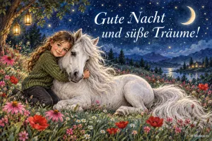 Mädchen umarmt ein weißes Pferd auf einer Blumenwiese unter dem Sternenhimmel, Text: Gute-Nacht-Geschichten