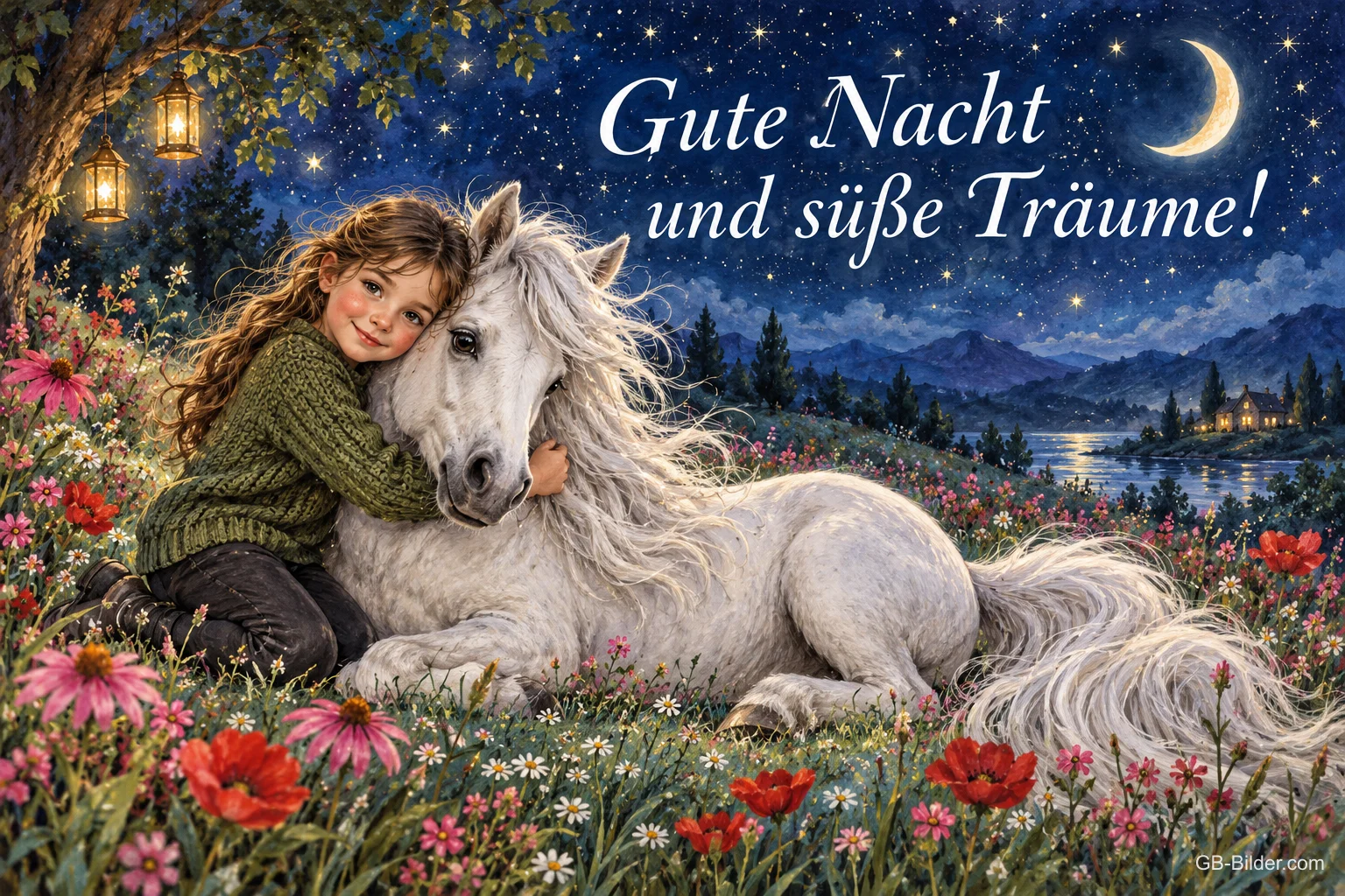 Mädchen umarmt ein weißes Pferd auf einer Blumenwiese unter dem Sternenhimmel, Text: Gute-Nacht-Geschichten