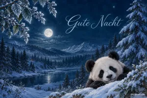 Panda im Schnee unter dem Vollmond, Text: Gute Nacht
