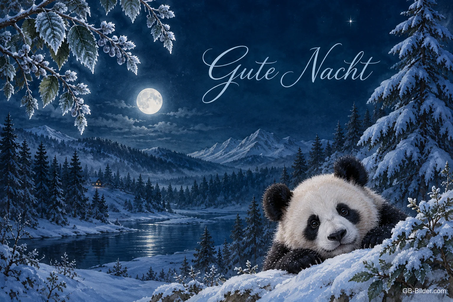 Panda im Schnee unter dem Vollmond, Text: Gute Nacht