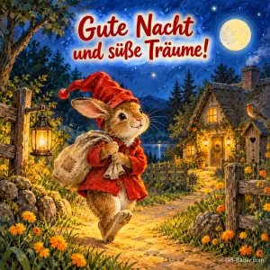 Hase mit roter Zipfelmütze und Sack wandert abends an einem Häuschen vorbei, Text: Der Gute-Nacht-Wunsch – Wenn die Lichter ausgehen, kommen die schönsten Träume. Schlaf gut!