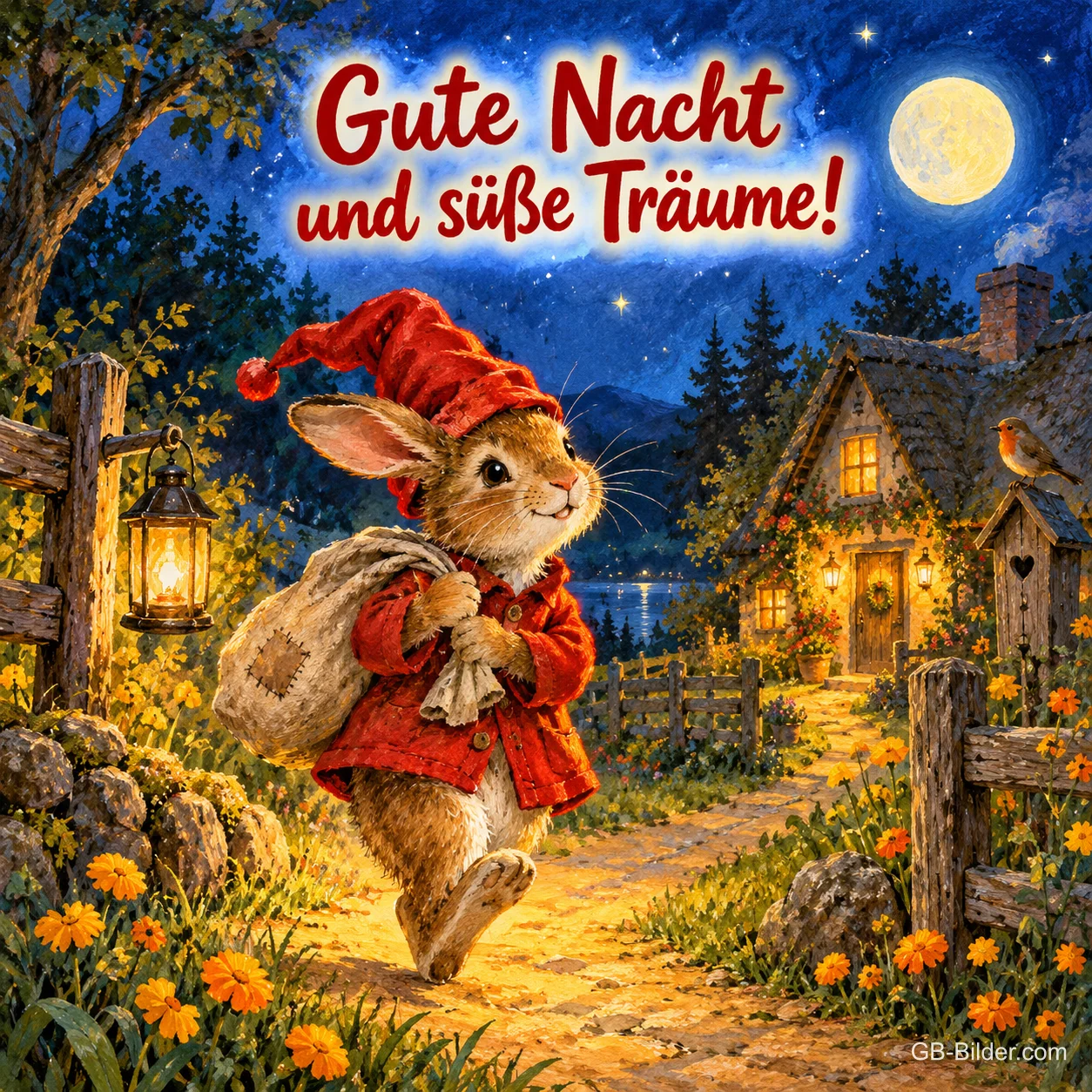 Hase mit roter Zipfelmütze und Sack wandert abends an einem Häuschen vorbei, Text: Der Gute-Nacht-Wunsch – Wenn die Lichter ausgehen, kommen die schönsten Träume. Schlaf gut!