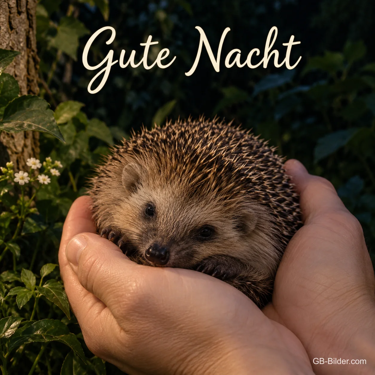 Hände halten einen Igel, Text: Gute Nacht