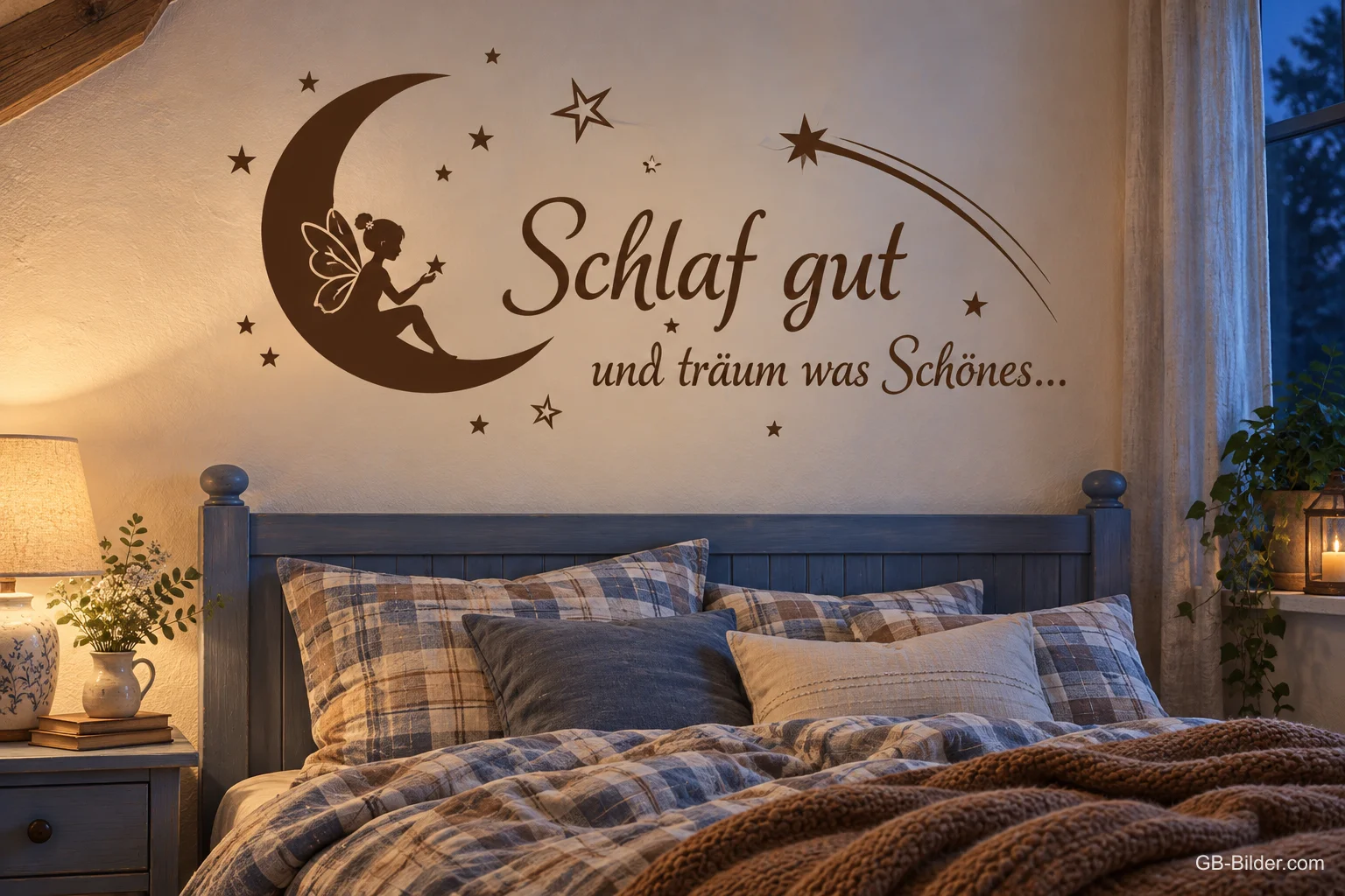 Wandtattoo mit Mond und Fee über einem Bett, Text: Schlaf gut und träum was Schönes