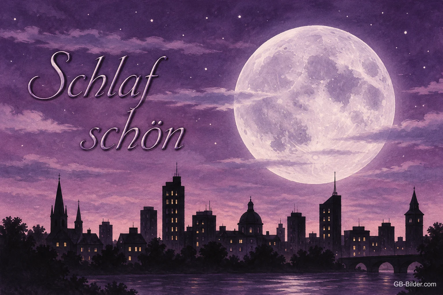 Vollmond über einer Stadtsilhouette, Text: Schlaf schön