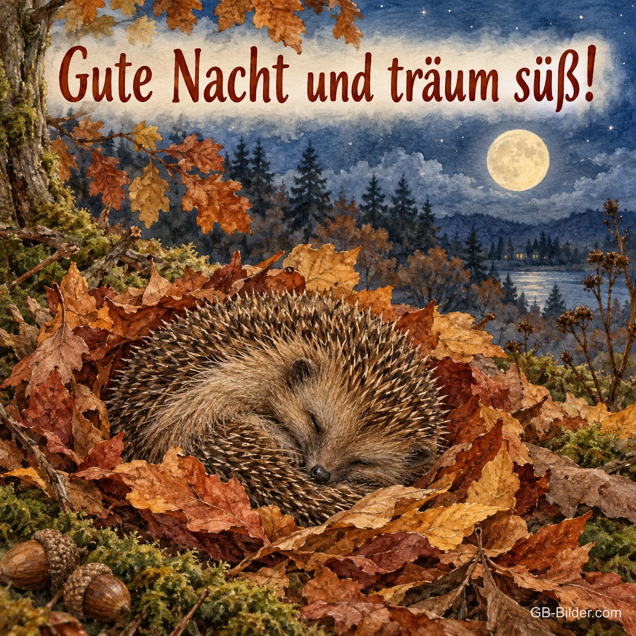 Schlafender Igel im Herbstlaub bei Vollmond, Text: Gute Nacht und träum süß!