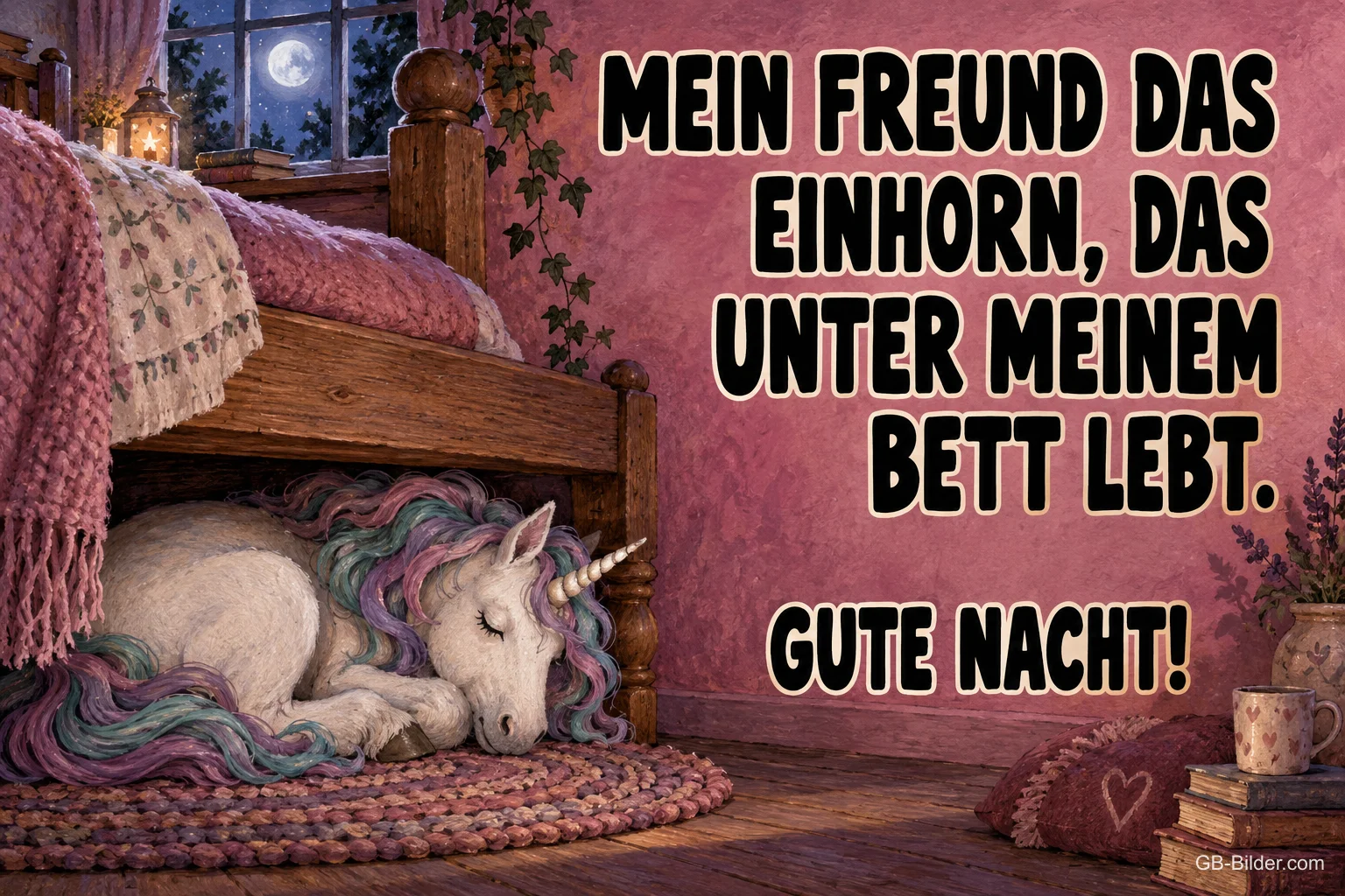 Einhorn schläft unter dem Bett, Text: Mein Freund das Einhorn, das unter meinem Bett lebt. Gute Nacht!