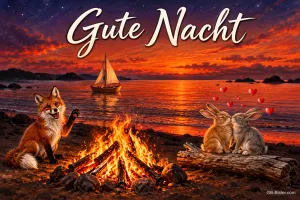 Fuchs winkt am Lagerfeuer am Strand, zwei Hasen küssen sich, Segelboot im Abendrot, Text: Gute Nacht