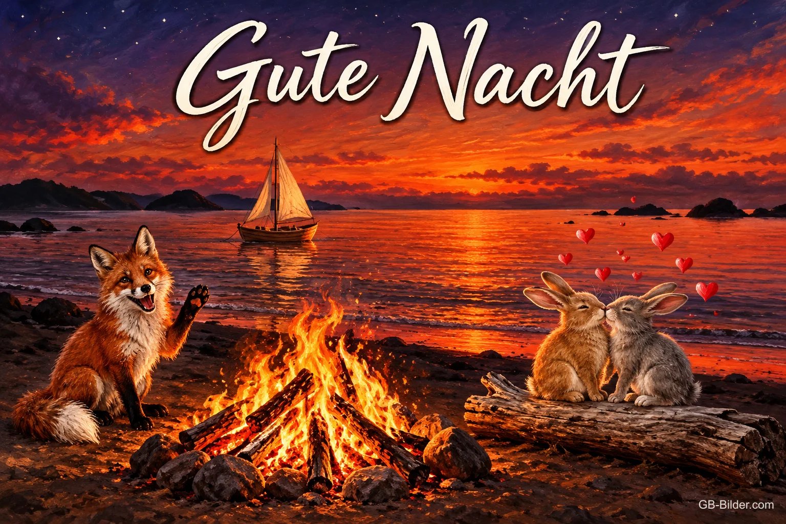 Fuchs winkt am Lagerfeuer am Strand, zwei Hasen küssen sich, Segelboot im Abendrot, Text: Gute Nacht