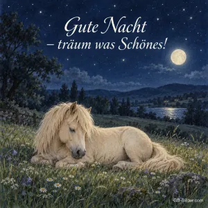 Schlafendes Pony auf einer Wiese bei Vollmond, Text: Gute Nacht – träum was Schönes!