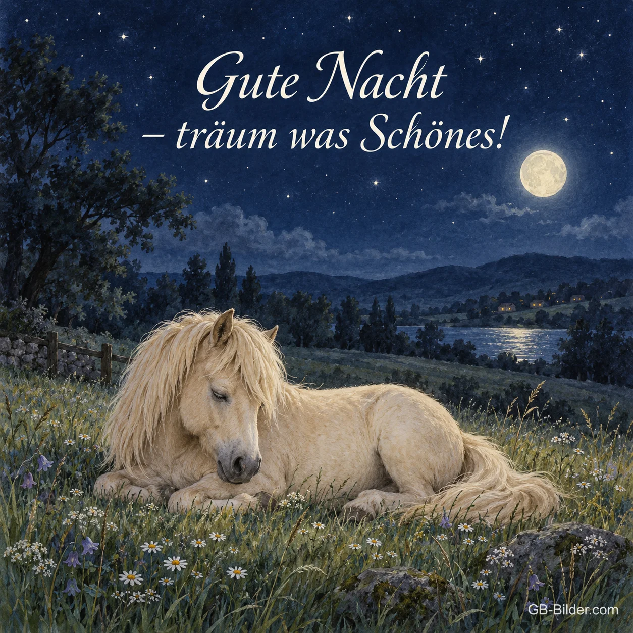 Schlafendes Pony auf einer Wiese bei Vollmond, Text: Gute Nacht – träum was Schönes!