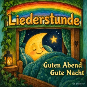 Schlafender Mond im Bett unter Regenbogen, Text: Guten Abend, Gute Nacht