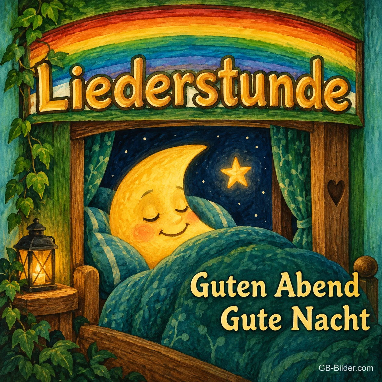 Schlafender Mond im Bett unter Regenbogen, Text: Guten Abend, Gute Nacht