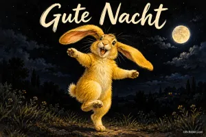 Goldgelber Hase tanzt nachts unter dem Vollmond, Text: Gute Nacht
