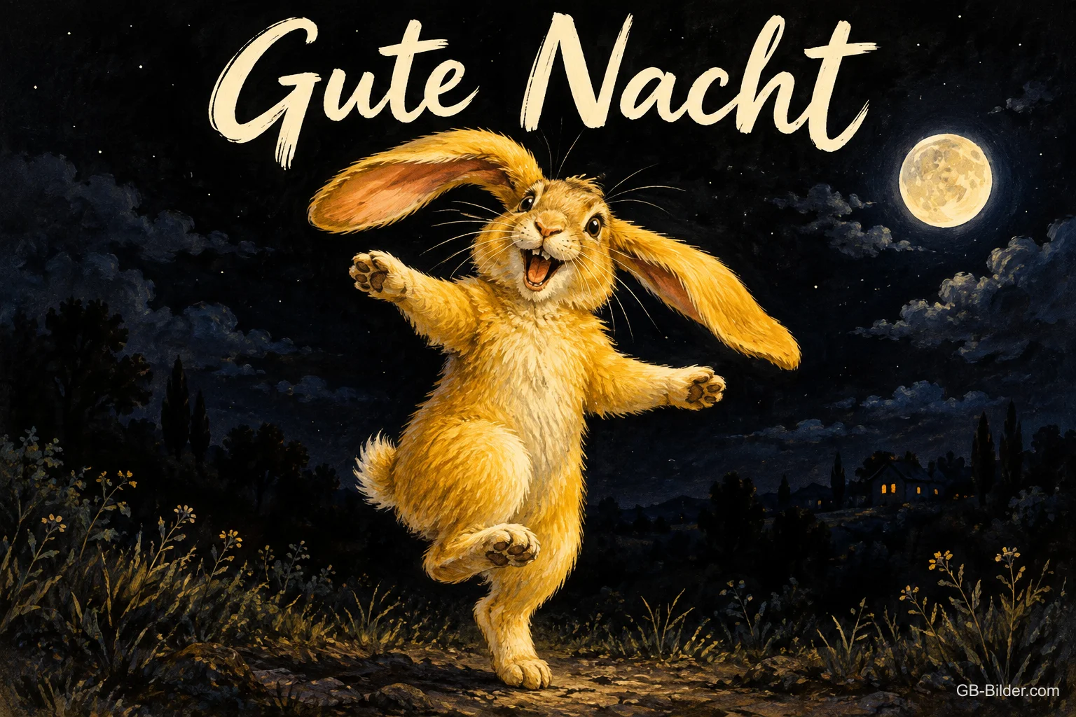Goldgelber Hase tanzt nachts unter dem Vollmond, Text: Gute Nacht