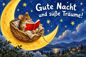 Maus liest in einer Nussschale auf der Mondsichel ein Buch unter Sternen, Text: Gute Nacht und süße Träume!