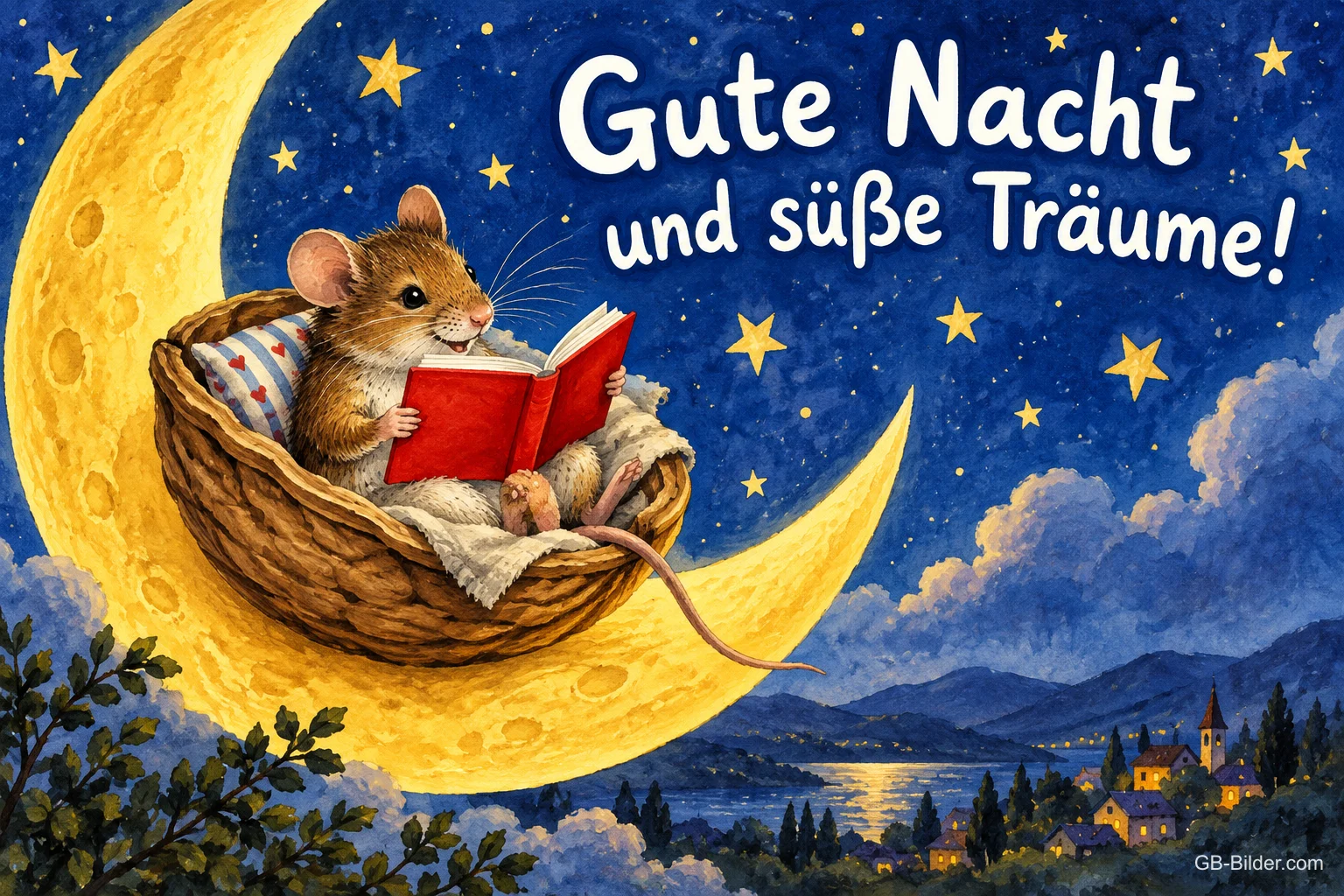 Maus liest in einer Nussschale auf der Mondsichel ein Buch unter Sternen, Text: Gute Nacht und süße Träume!