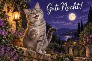 Getigerte Katze sitzt grinsend auf einer Gartenmauer unter Laterne und Vollmond, Text: Gute Nacht!