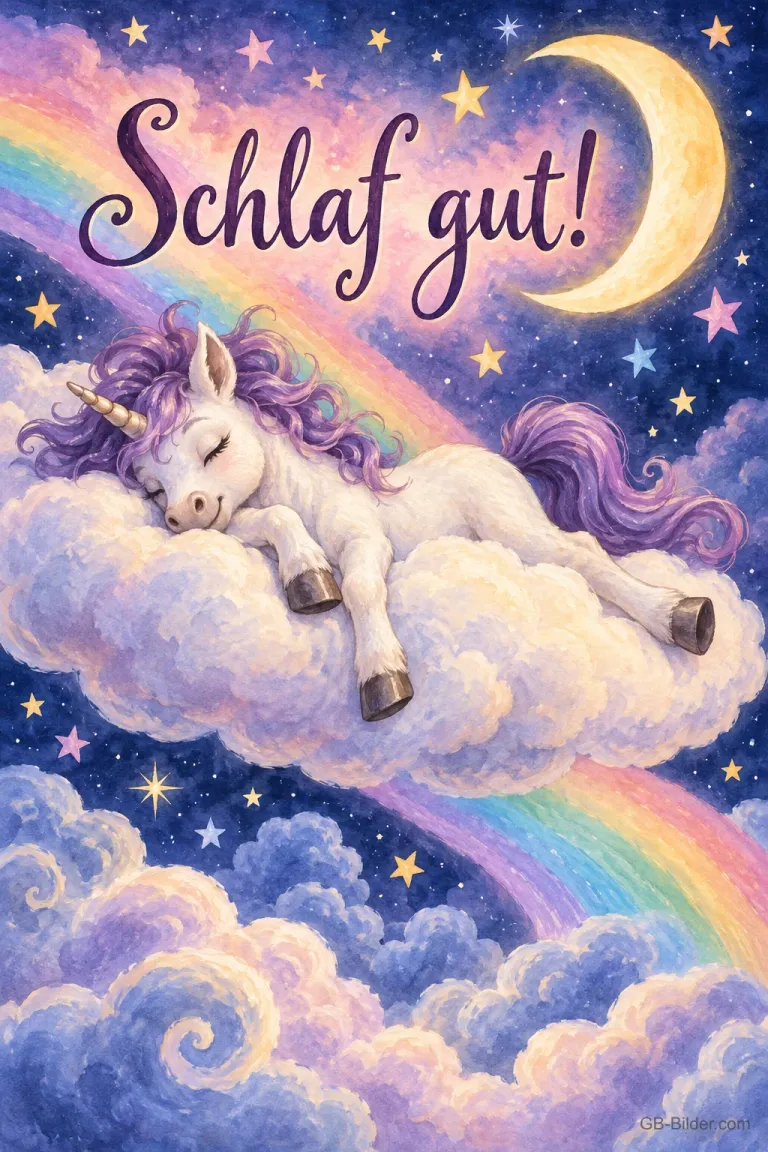 Einhornfohlen schläft auf einer Wolke vor Regenbogen und Mondsichel, Text: Schlaf gut!