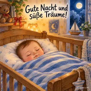 Baby schläft im Holzbettchen unter gestreifter Decke, Teddy und Mond am Fenster, Text: Gute Nacht und süße Träume!