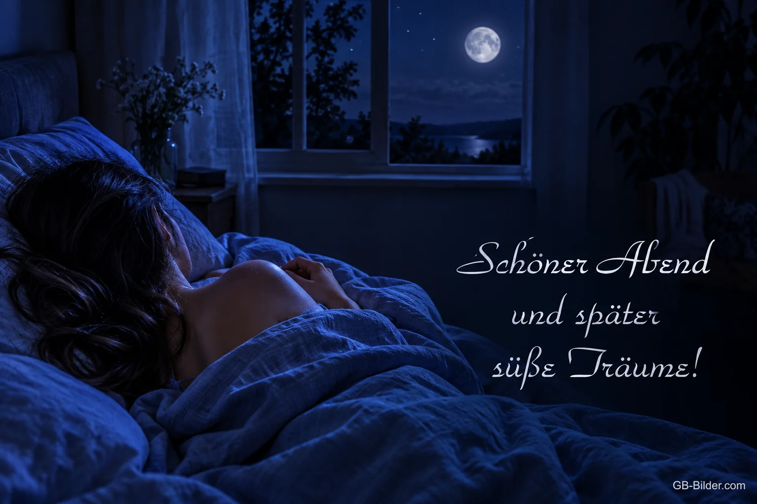 Frau im Bett bei Mondlicht, Text: Schöner Abend und später süße Träume! Frau im Bett bei Mondlicht, Text: Schöner Abend und später süße Träume!