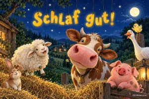 Schaf, Kuh, Schwein, Hase und Gans lächeln abends im Stall, Text: Schlaf gut!