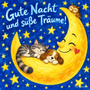 Kätzchen und Welpe schlafen auf einer lächelnden Mondsichel unter Sternen, Text: Gute Nacht und süße Träume!