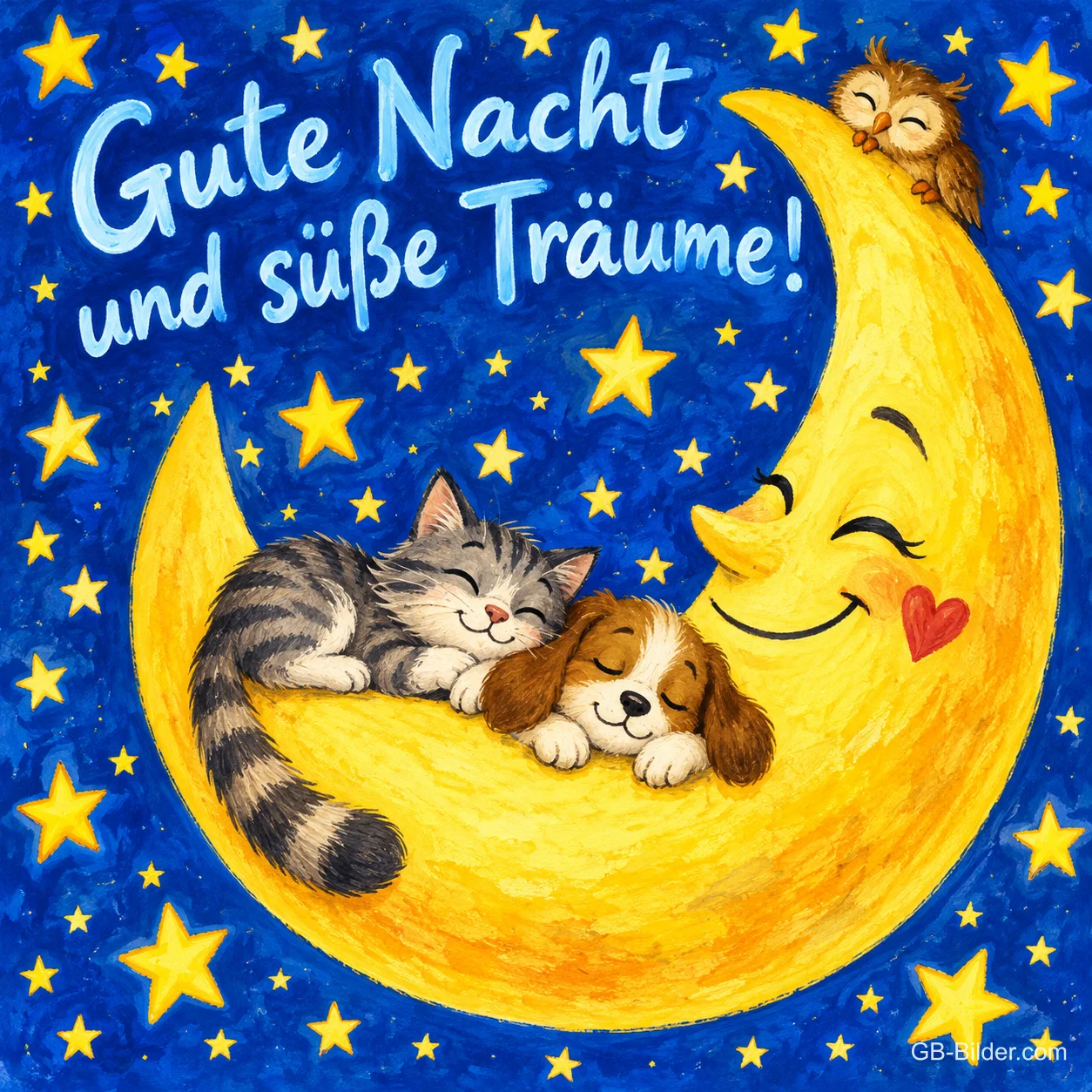 Kätzchen und Welpe schlafen auf einer lächelnden Mondsichel unter Sternen, Text: Gute Nacht und süße Träume! Kätzchen und Welpe schlafen auf einer lächelnden Mondsichel unter Sternen, Text: Gute Nacht und süße Träume!