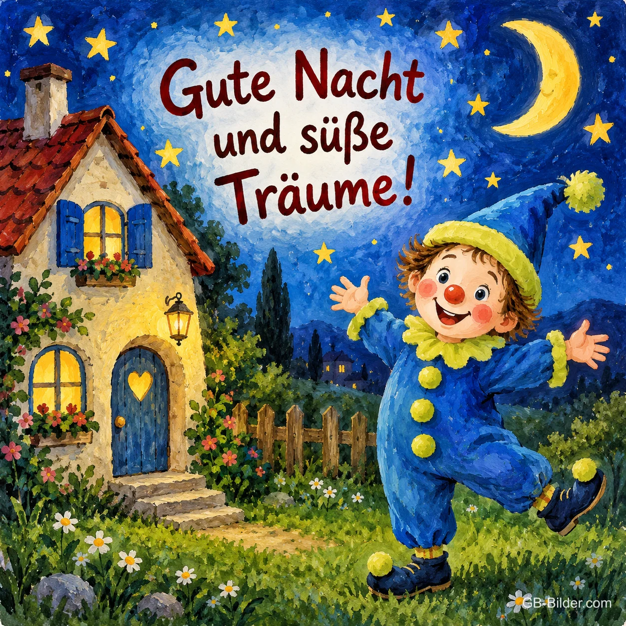Fröhlicher Clown tanzt nachts vor einem Häuschen unter Sternen und Mond, Text: Gute Nacht und süße Träume! Fröhlicher Clown tanzt nachts vor einem Häuschen unter Sternen und Mond, Text: Gute Nacht und süße Träume!