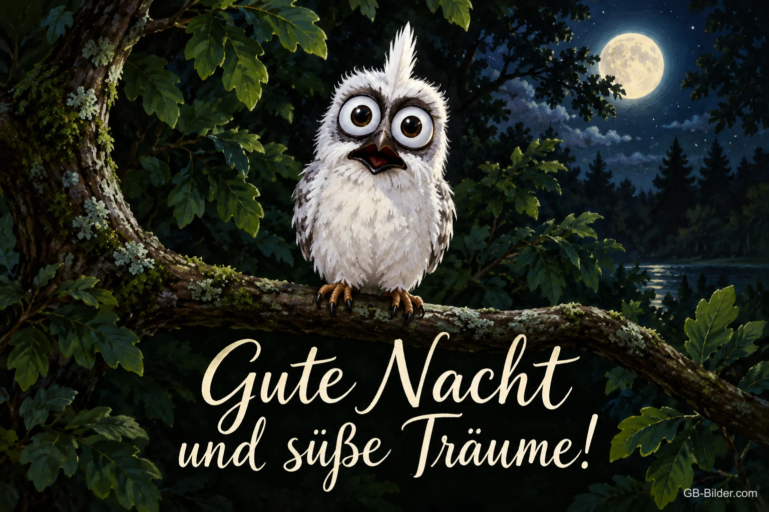 Weiße Eule mit großen Augen und Federschopf auf einem Ast im Mondschein, Text: Gute Nacht und süße Träume! Weiße Eule mit großen Augen und Federschopf auf einem Ast im Mondschein, Text: Gute Nacht und süße Träume!