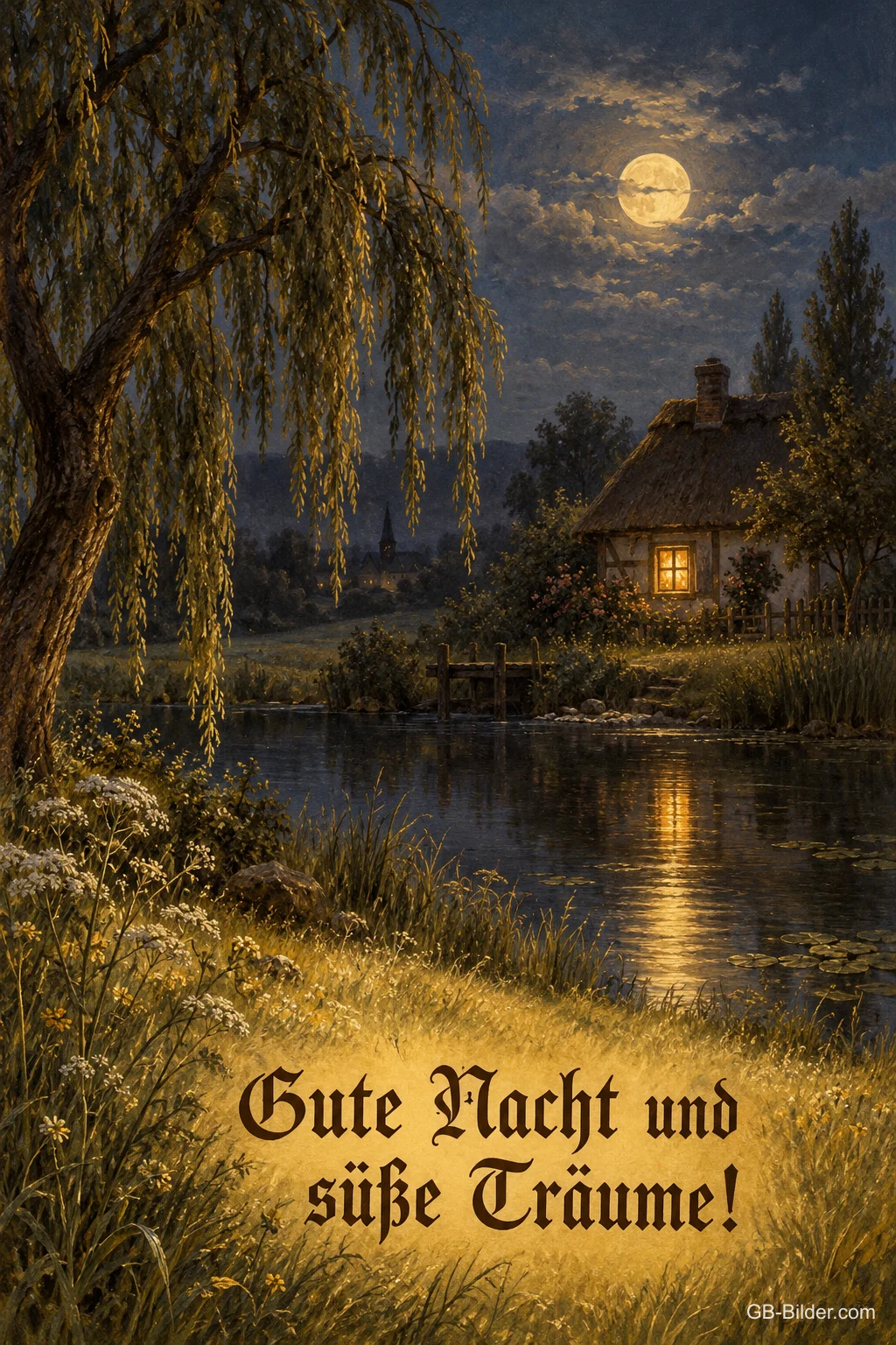 Häuschen am Fluss im Mondschein, Text: Gute Nacht und süße Träume! Häuschen am Fluss im Mondschein, Text: Gute Nacht und süße Träume!