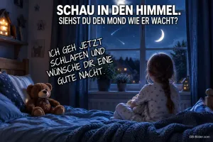 Mädchen mit Teddy am Fenster, Text: Schau in den Himmel, gute Nacht